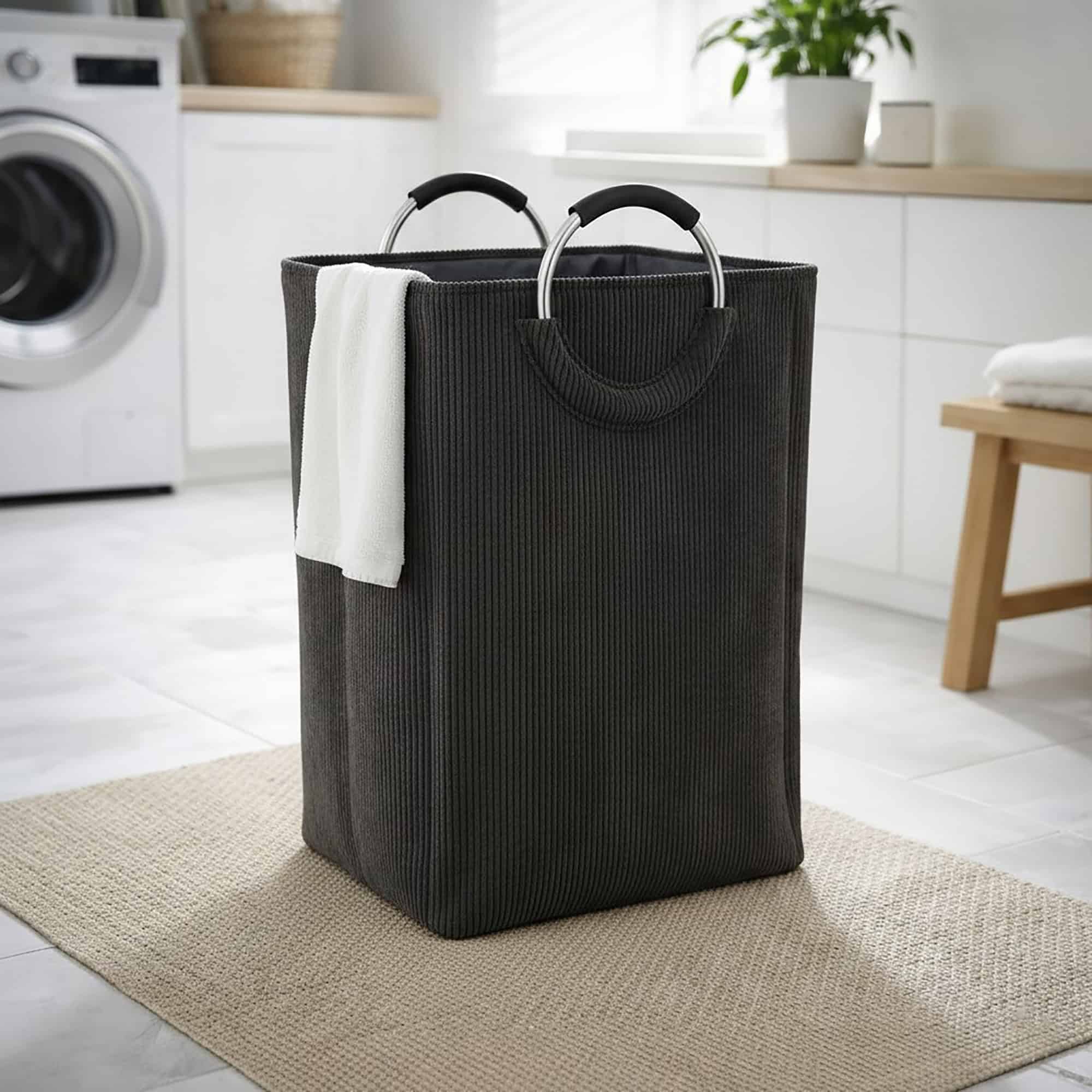evideco-corduroy-panier-linge-55l-gris-fonc-poign-es image 1