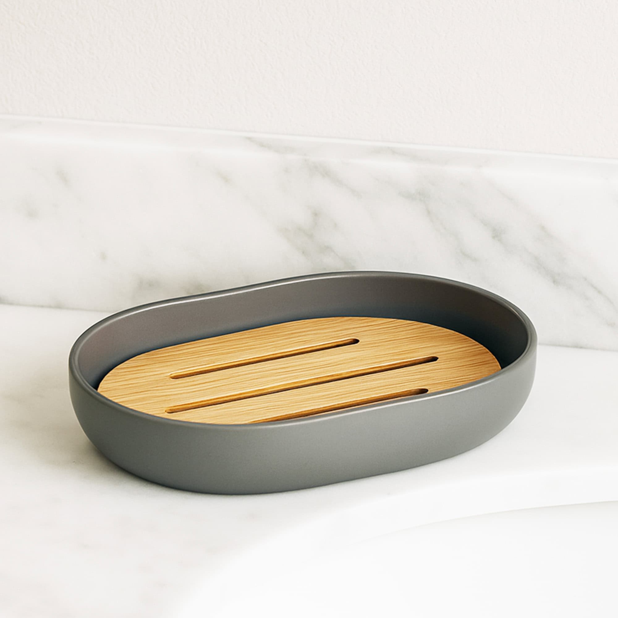 evideco-porte-savon-gris-plateau-bambou-gouttoir-plastique image 2