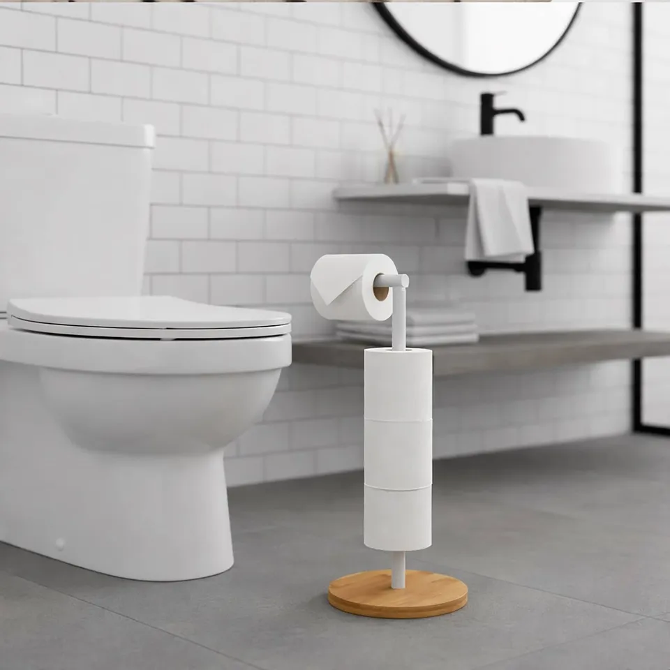 evideco-d-rouleur-papier-toilette-blanc-sur-pied-bambou-4-rouleaux image 1