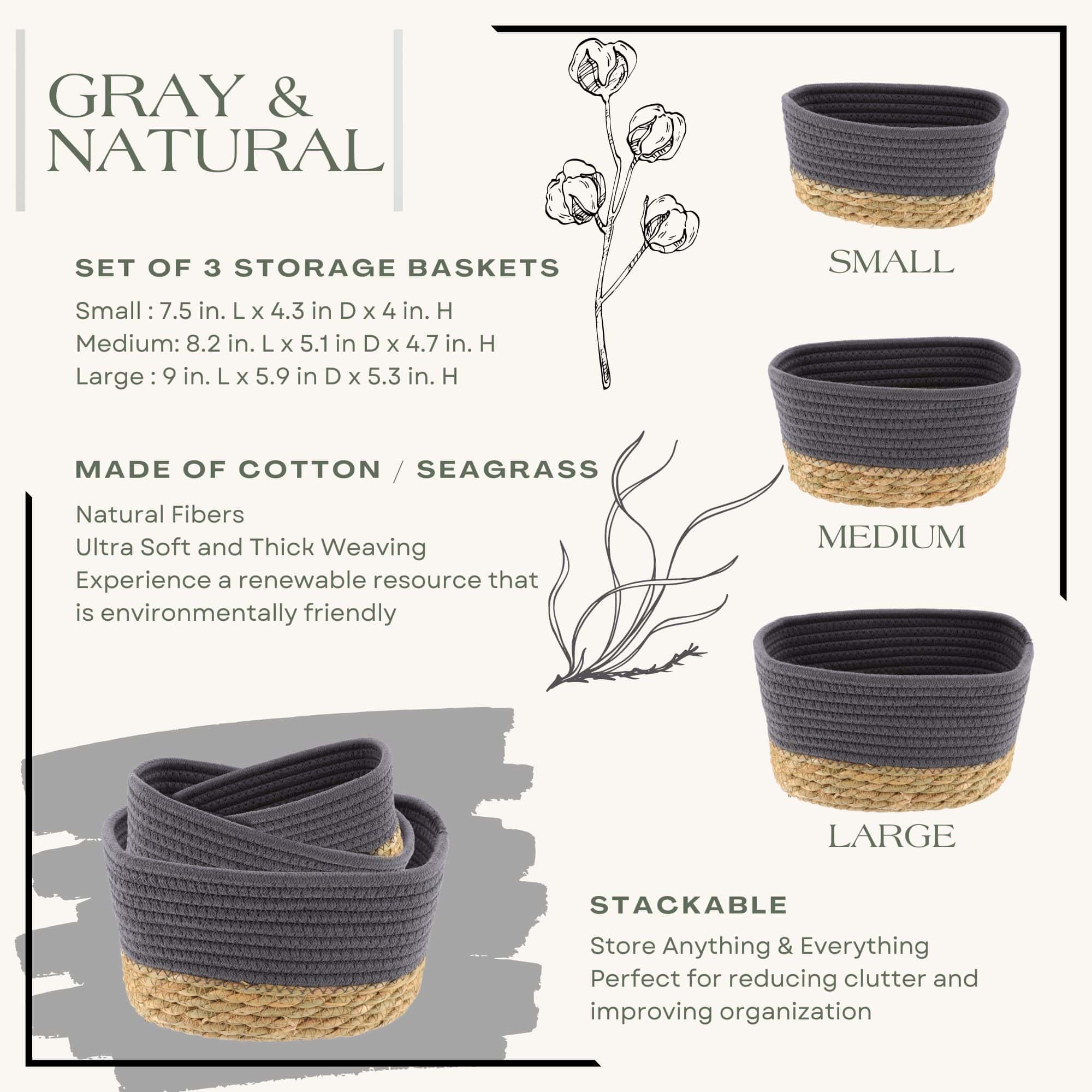 evideco-bathroom-storage-panier-rangement-gris-coton-lot-de-3 image 4