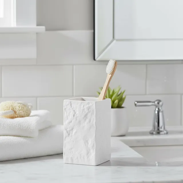 evideco-bathroom-accessories-square-stone-gobelet-salle-de-bain-blanc image 1