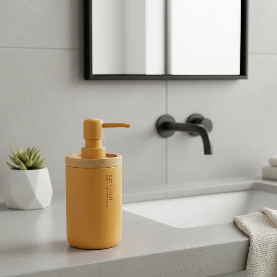 evideco-bathroom-accessories-distributeur-savon-jaune-moutarde-bambou image 1