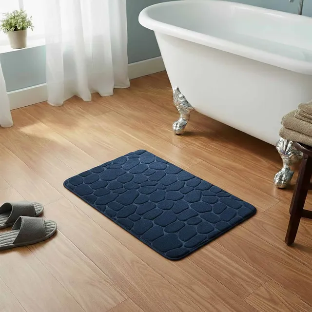 evideco-tapis-de-bain-bleu-marine-galets-m-moire-de-forme-80x50 image 1