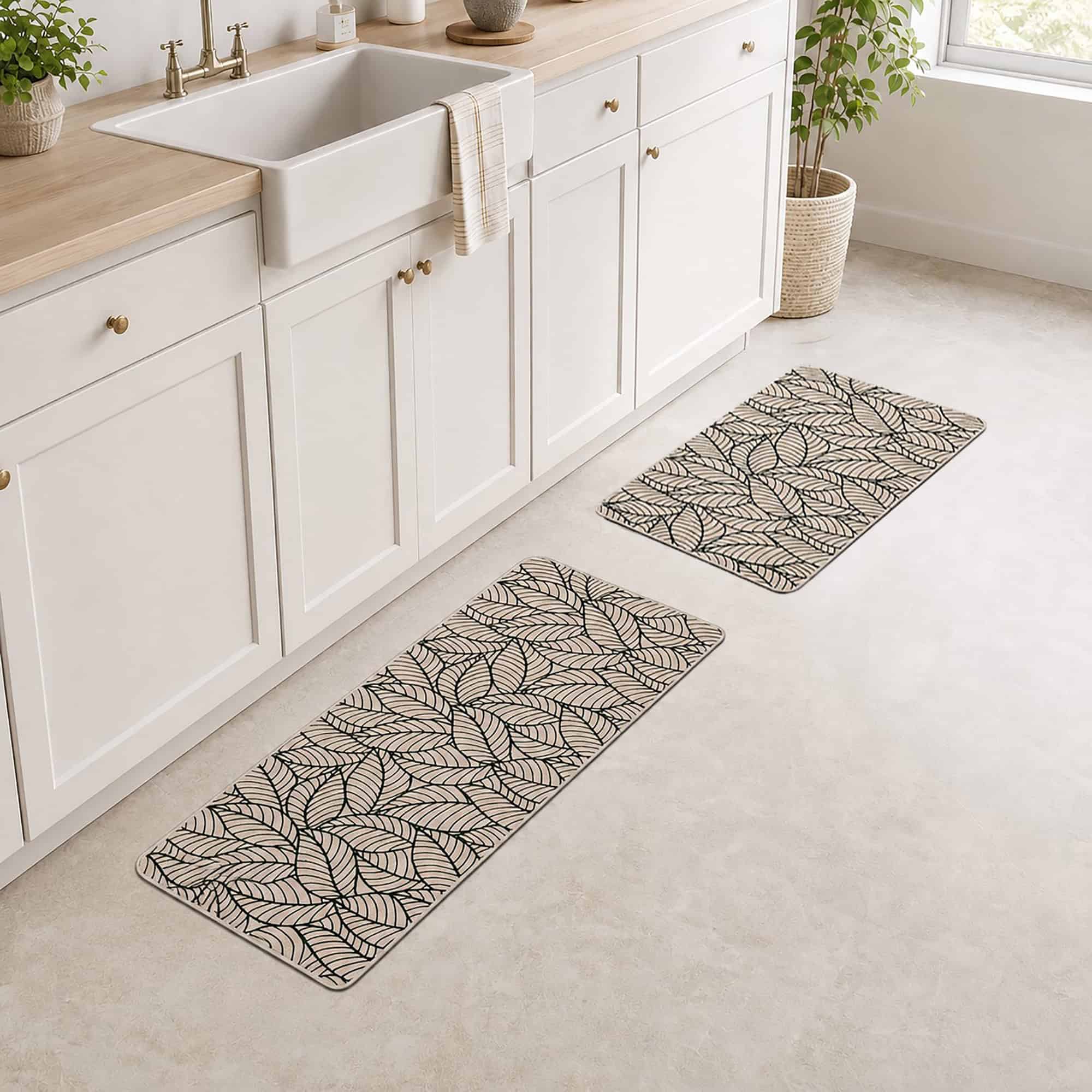 evideco-tapis-cuisine-feuilles-jungle-beige-lot-de-2 image 1