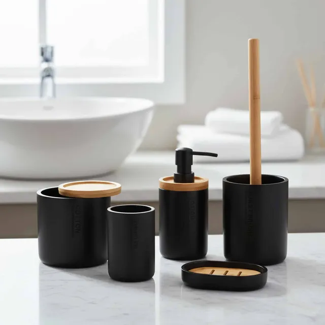 evideco-set-accessoires-salle-de-bain-noir-5-pi-ces-bambou image 1