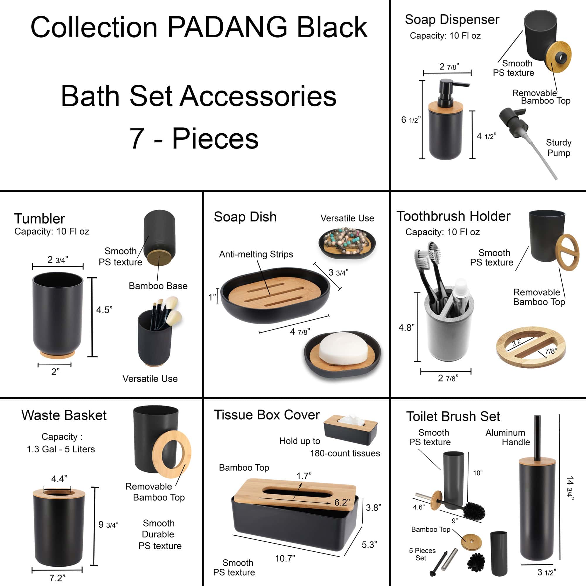 evideco-padang-set-accessoires-salle-de-bain-7-pi-ces-noir-bambou image 4