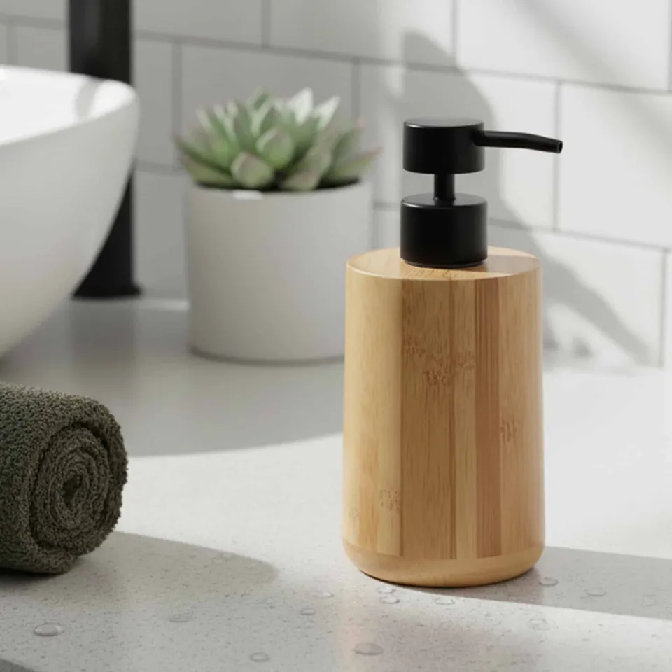 evideco-distributeur-savon-bambou-pompe-noire-300-ml-rechargeable image 1