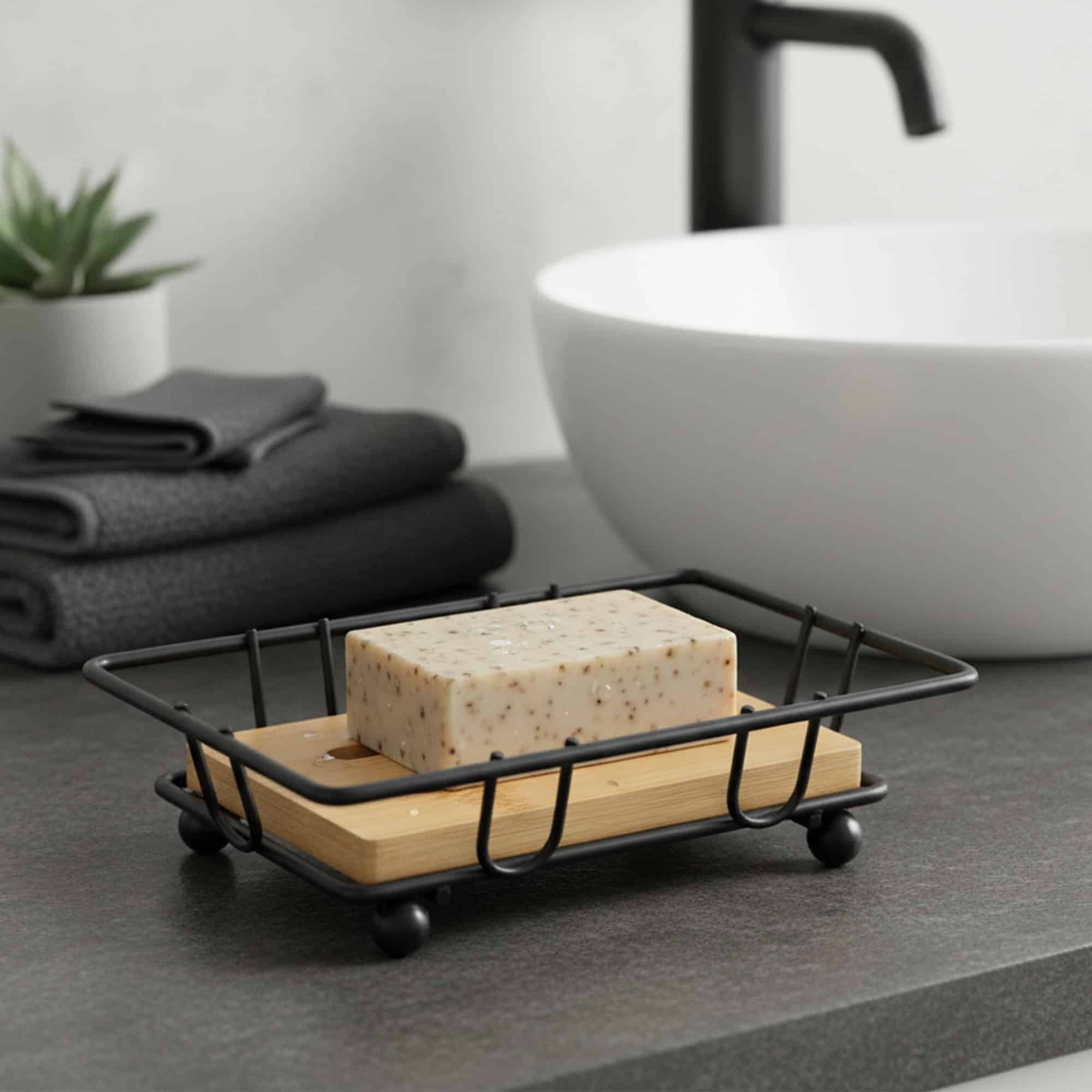 evideco-porte-savon-bambou-m-tal-noir-ajour-salle-de-bain image 1
