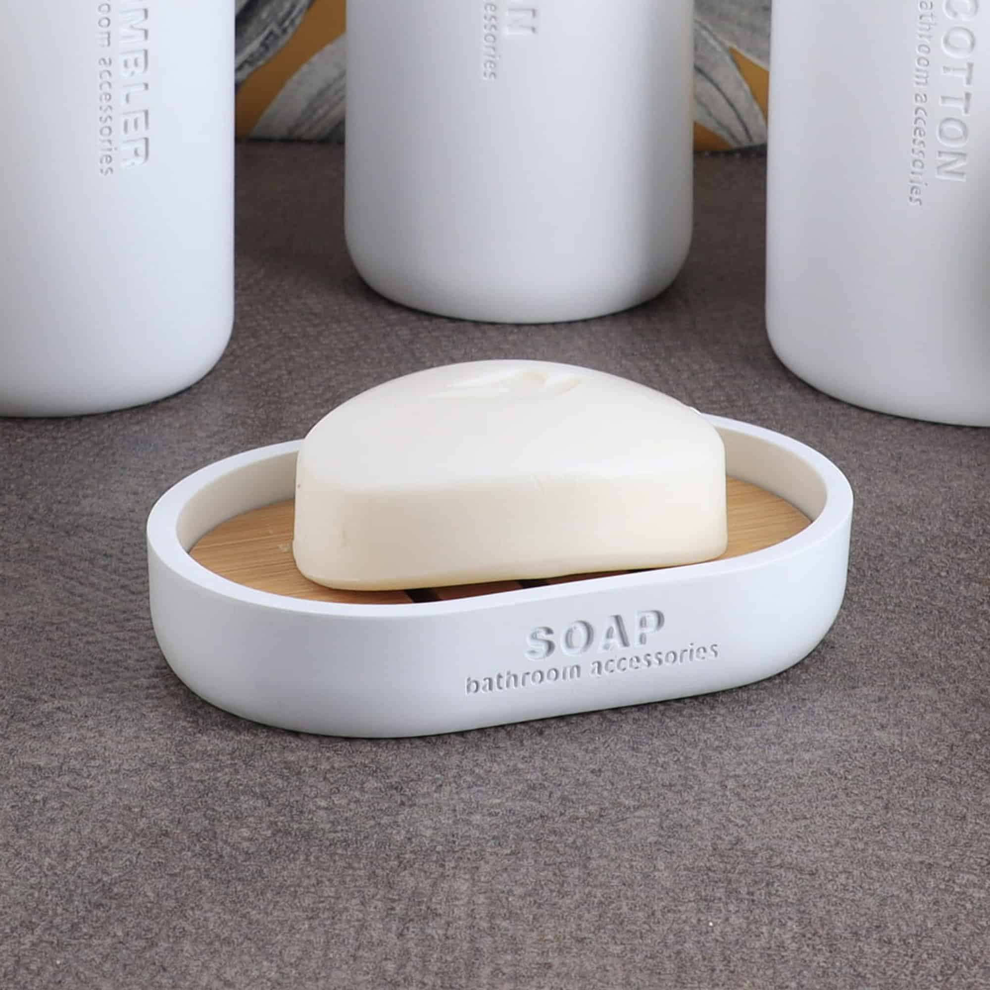 evideco-bathroom-accessories-porte-savon-blanc-mat-bambou-polyresine image 1