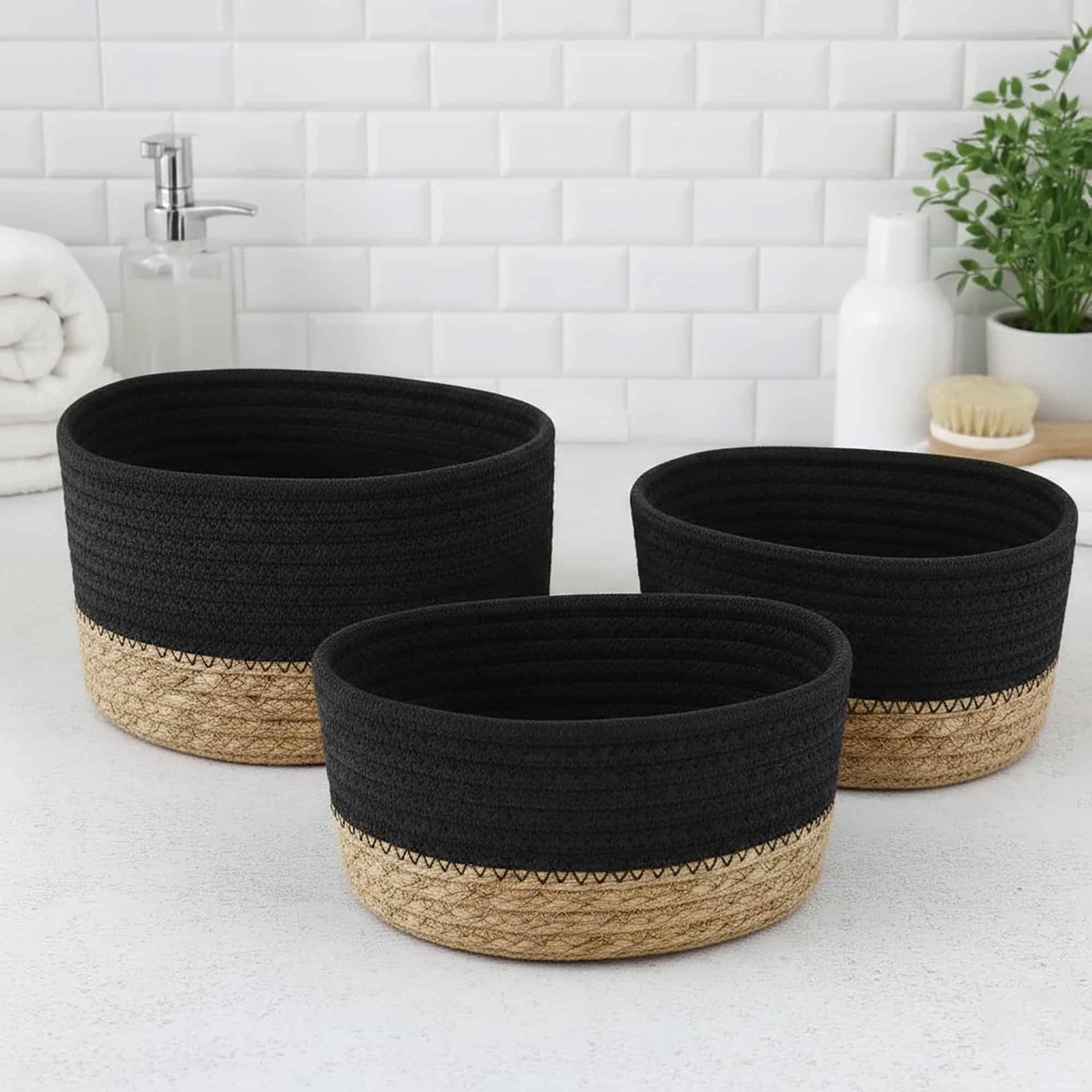 evideco-bathroom-storage-panier-coton-noir-lot-3-empilable image 2