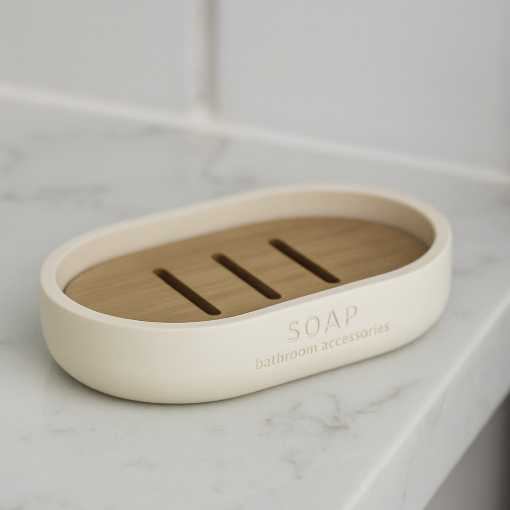 evideco-porte-savon-beige-mat-socle-bambou-polyresin image 3