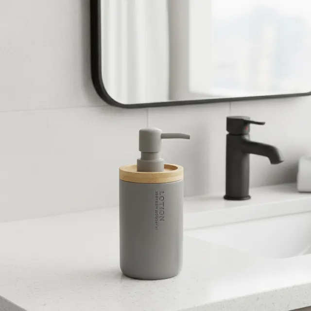 evideco-bathroom-accessories-distributeur-savon-gris-bambou-polyresine image 1