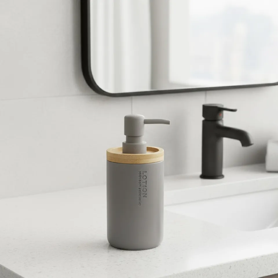 evideco-bathroom-accessories-distributeur-savon-gris-bambou-polyresine image 1