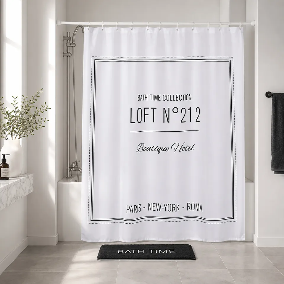 evideco-shower-accessories-rideau-douche-200x180-blanc-noir-criture-polyester image 1