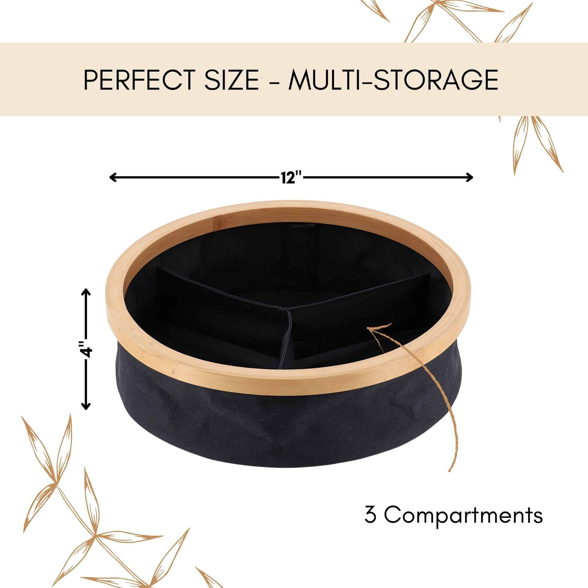 evideco-panier-de-rangement-rond-noir-pliable-3-compartiments-bambou image 3