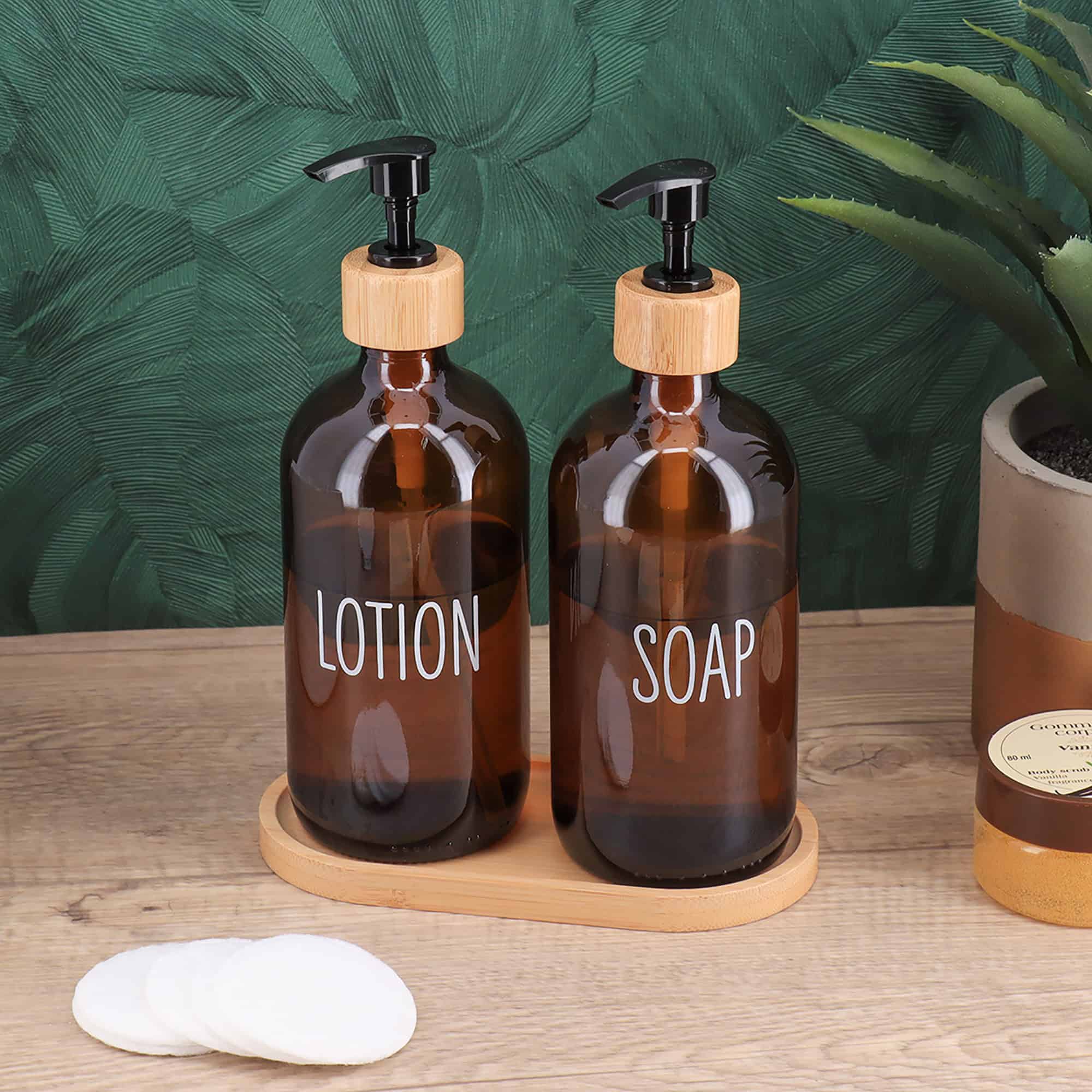 evideco-distributeur-savon-verre-ambr-2x500ml-plateau-bambou image 2