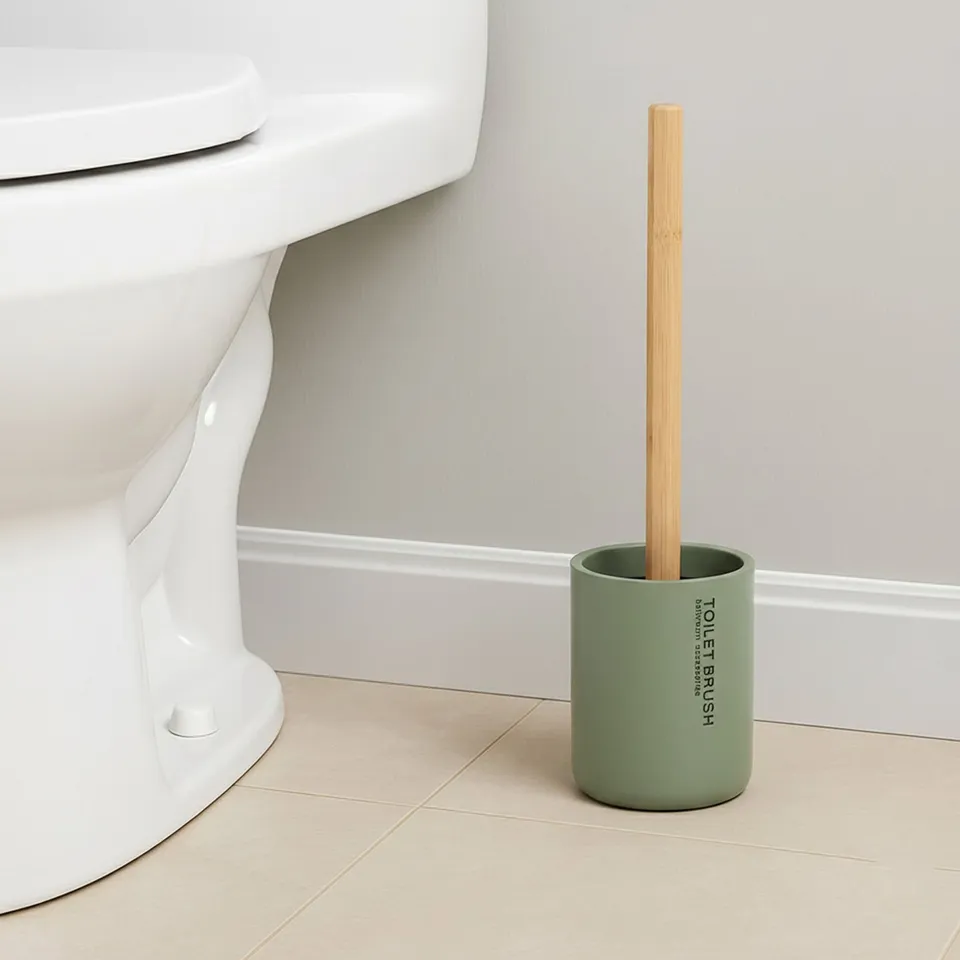 evideco-brosse-wc-verte-mate-manche-bambou-support-polyresine image 1