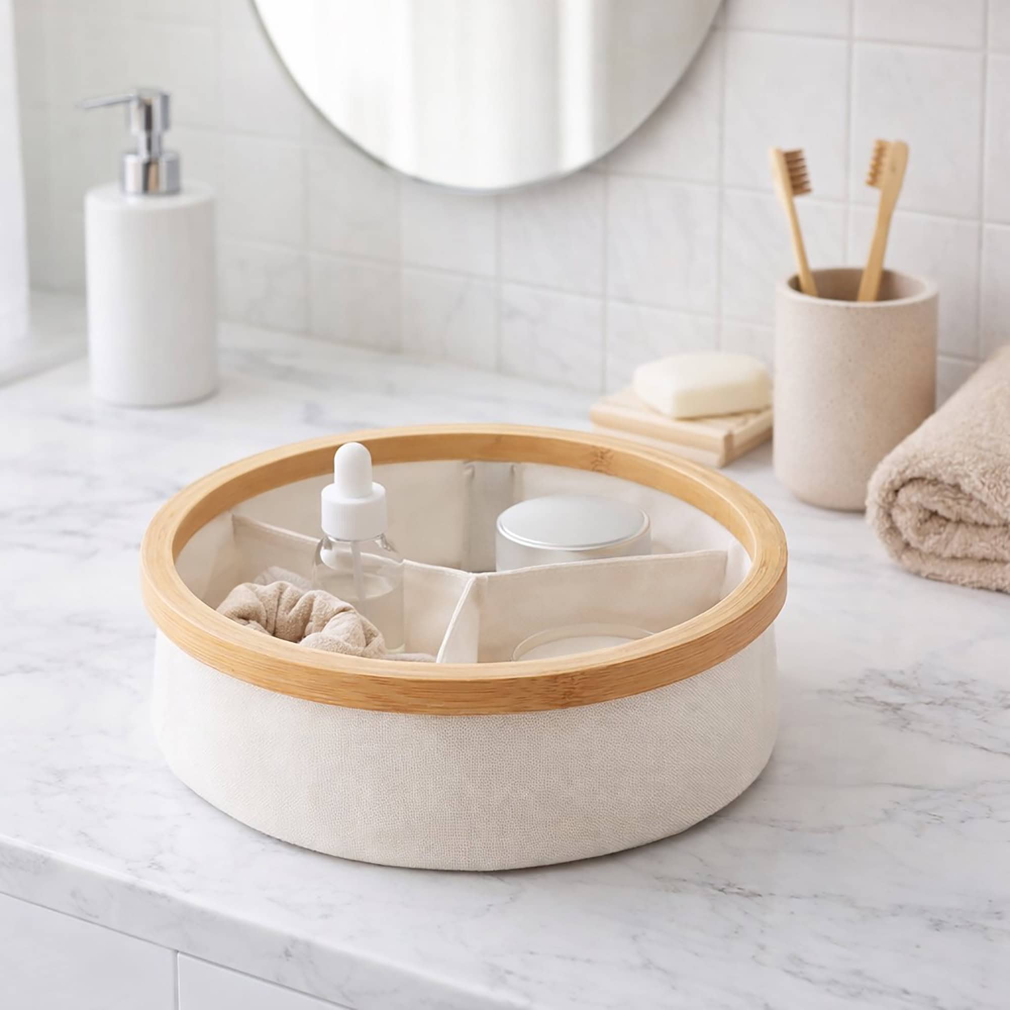 evideco-panier-de-rangement-rond-cru-bambou-3-casiers-pliable image 1