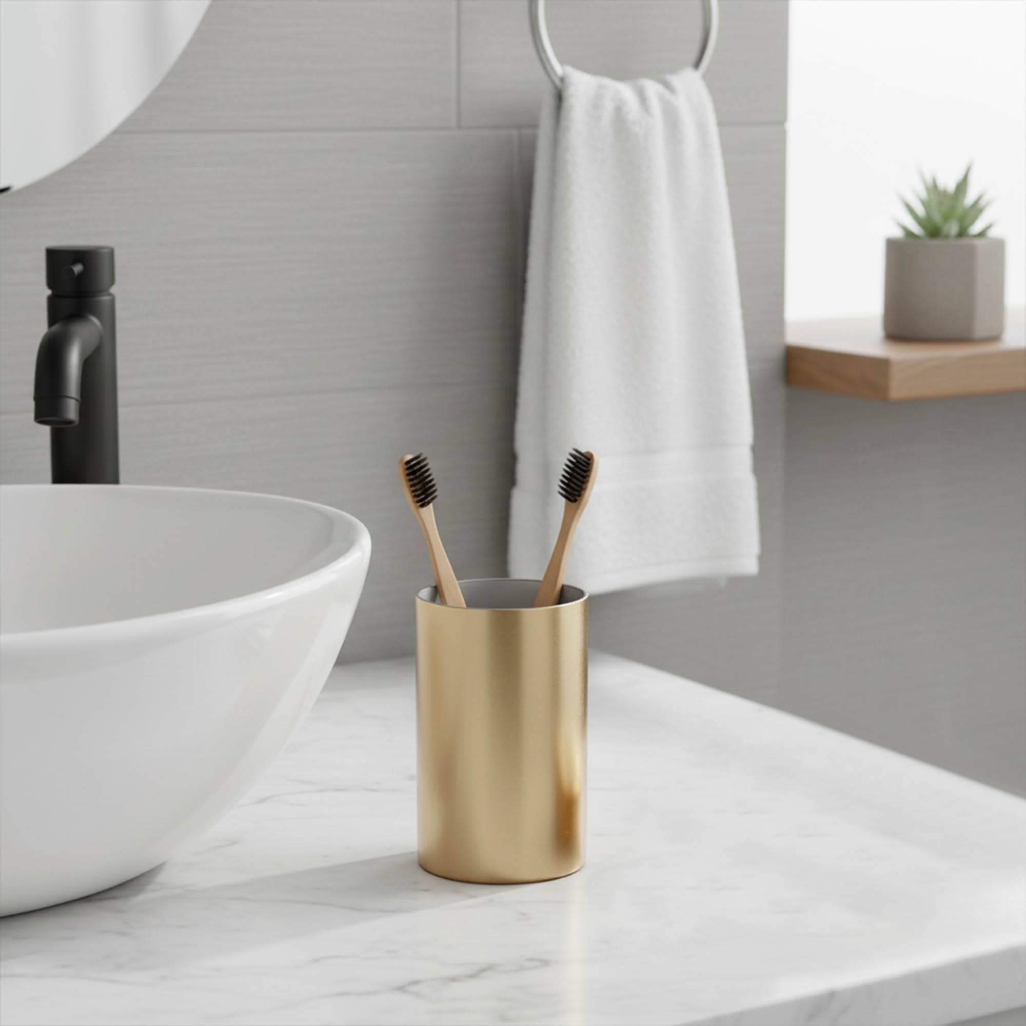 evideco-golden-gobelet-salle-de-bain-dor-porte-brosse image 1