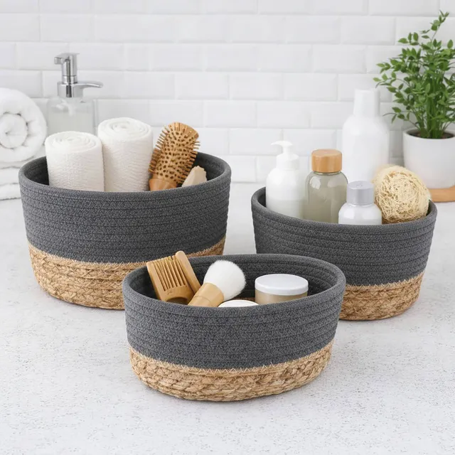 evideco-bathroom-storage-panier-rangement-gris-coton-lot-de-3 image 1