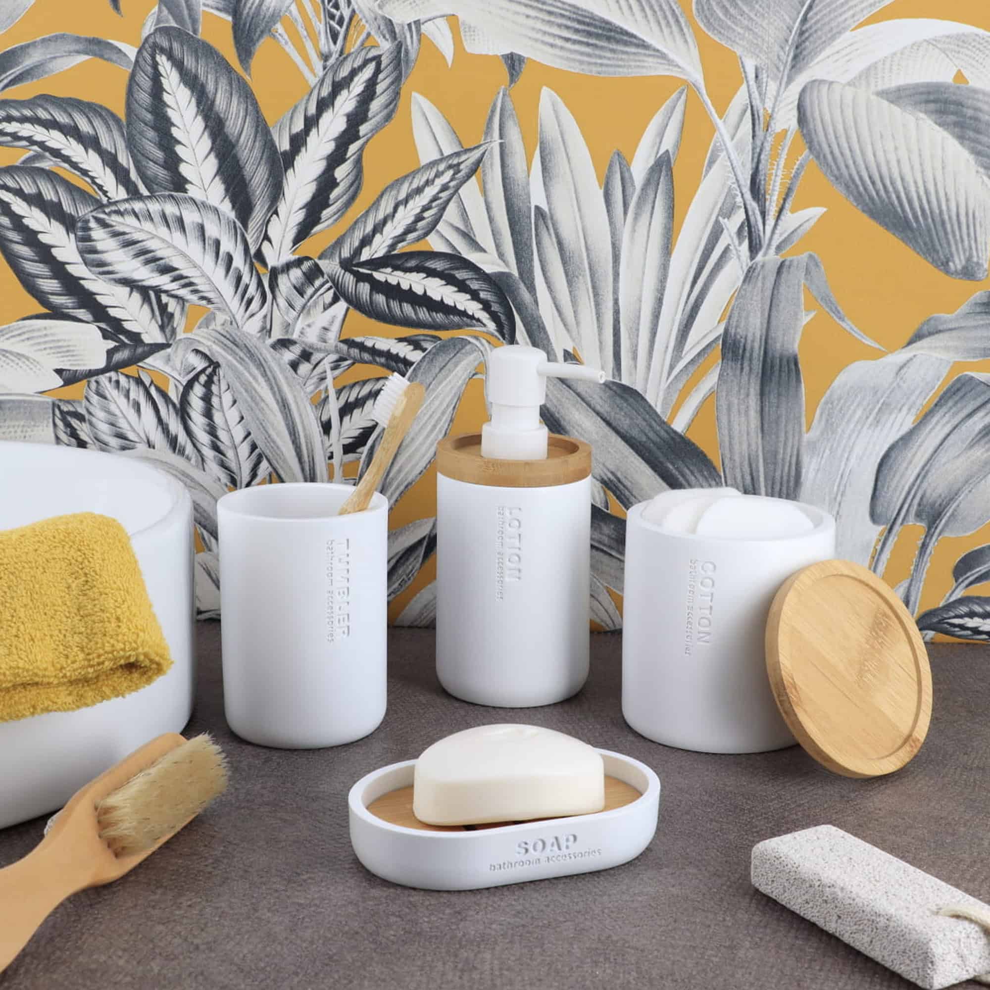 evideco-bathroom-accessories-distributeur-savon-blanc-bambou-polyresine image 4