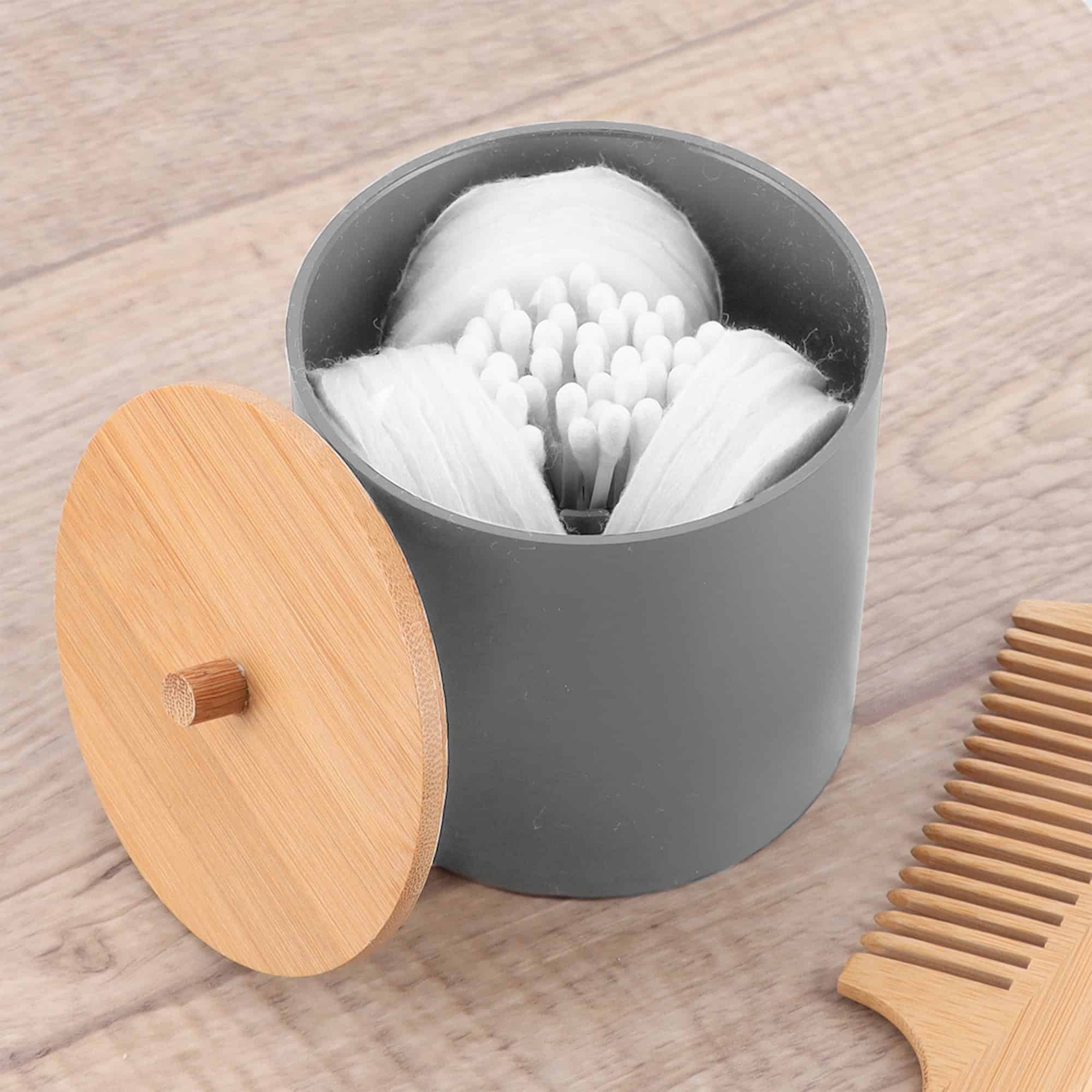 evideco-bathroom-bo-te-coton-tige-gris-couvercle-bambou-padang image 2