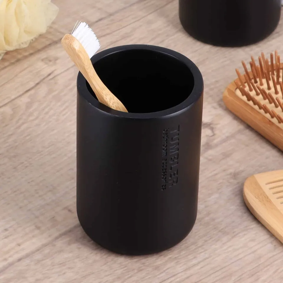 evideco-bathroom-accessories-gobelet-noir-mat-porte-brosse-dents-polyresine image 1