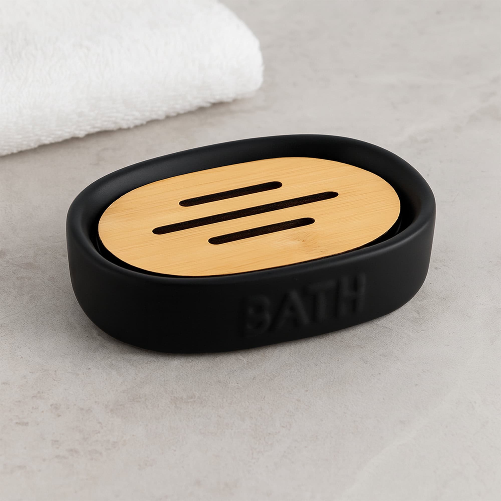 evideco-bathroom-accessories-porte-savon-noir-bambou-avec-gobelet image 1