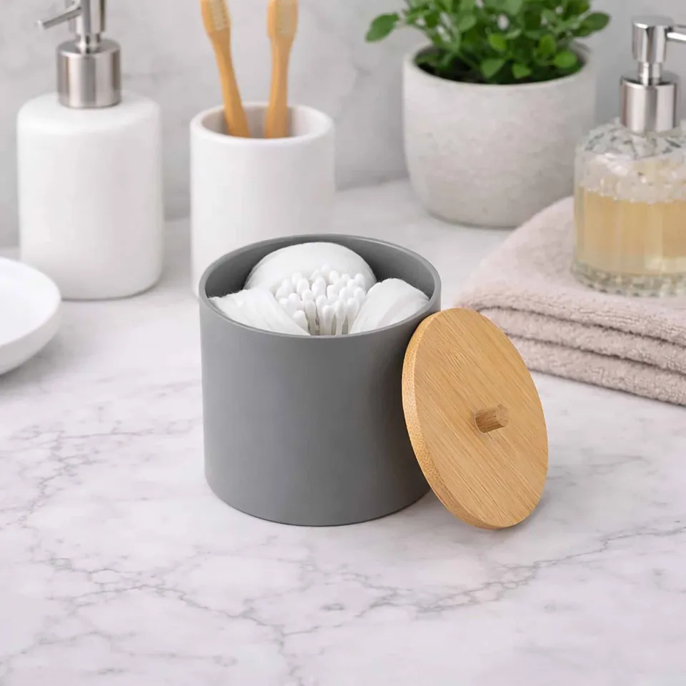 evideco-bathroom-bo-te-coton-tige-gris-couvercle-bambou-padang image 1
