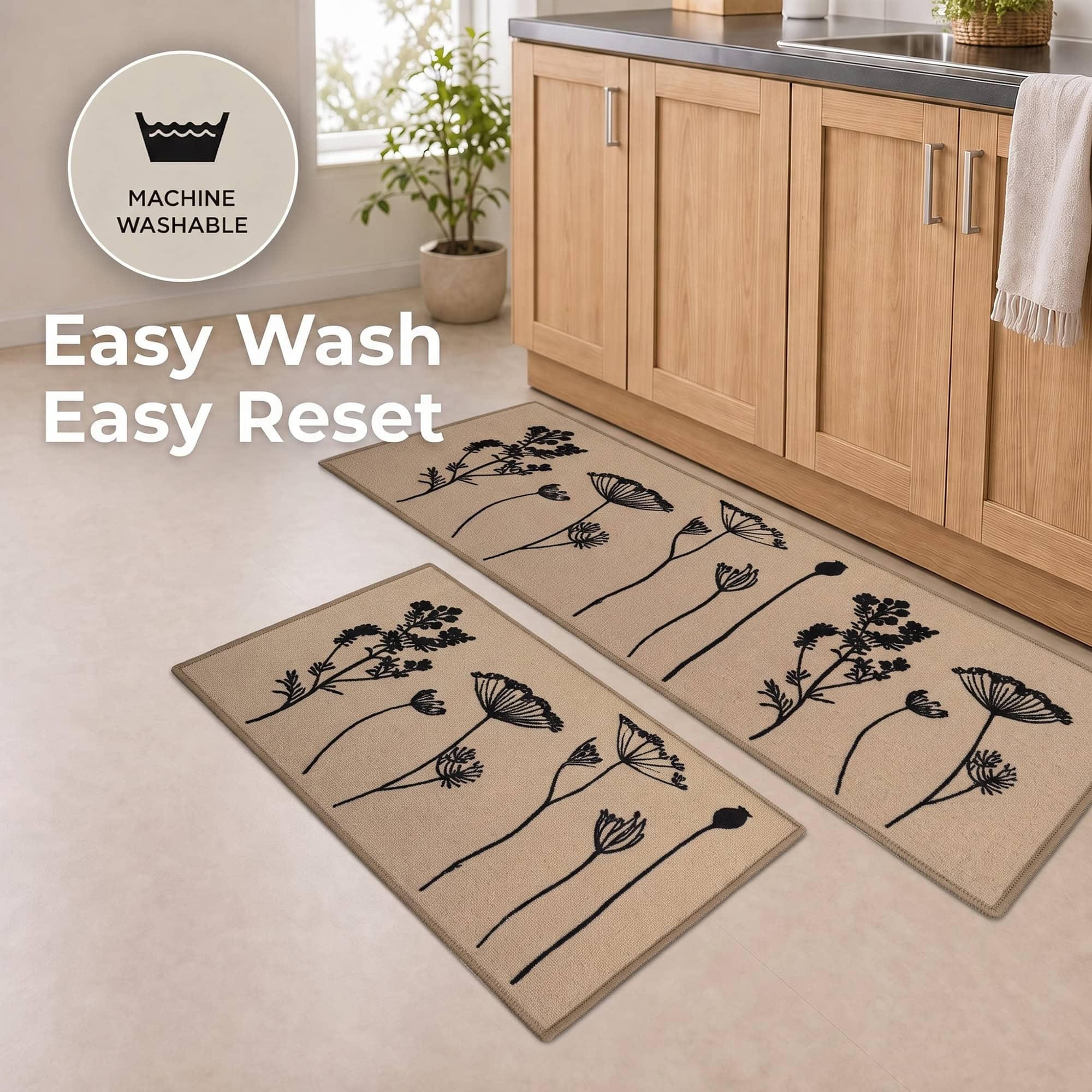 evideco-home-accessories-wildflowers-lot-2-tapis-cuisine-beige-noir-effet-laine image 6