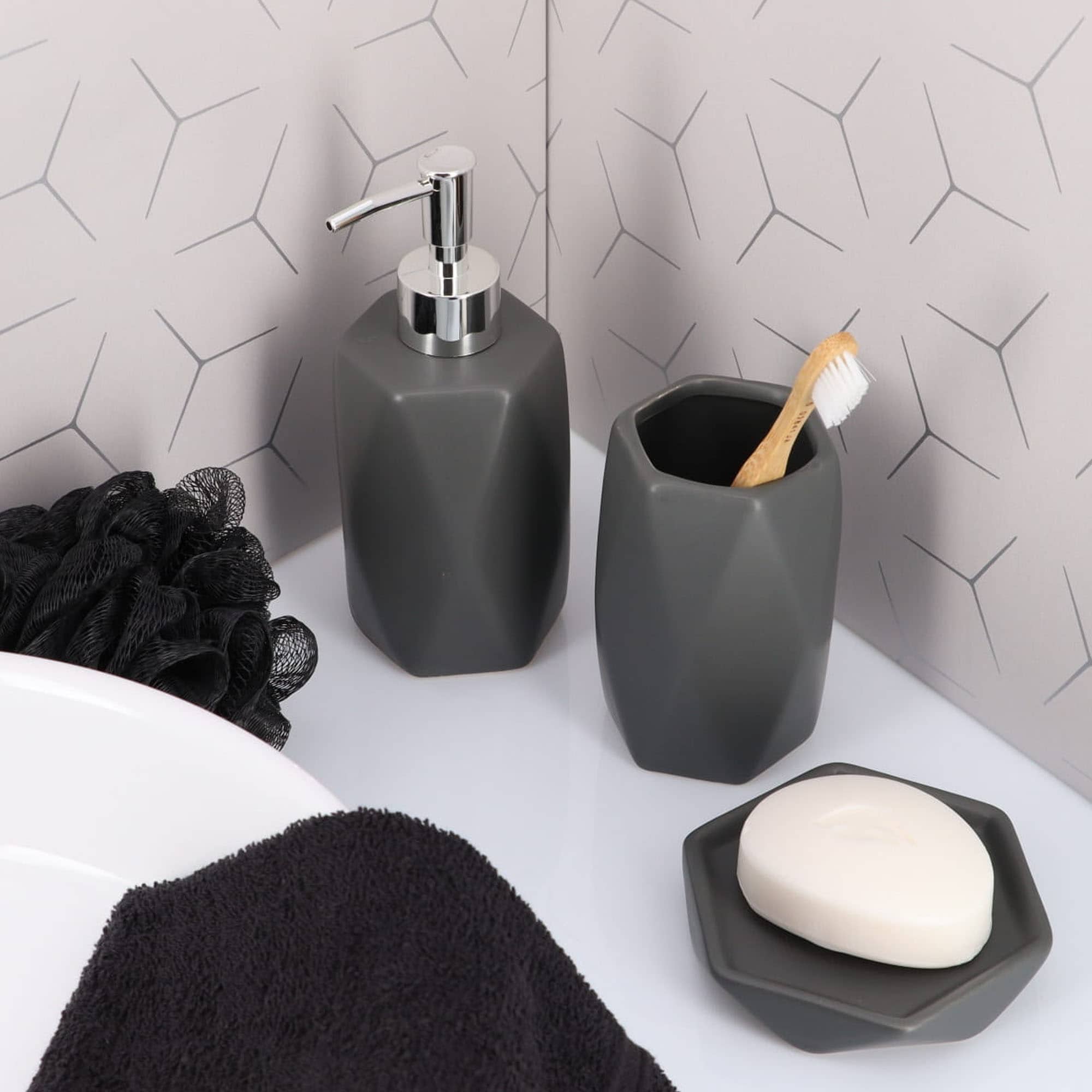 evideco-diamond-gobelet-salle-de-bain-gris-brosse-dents image 5