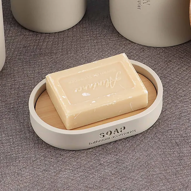 evideco-porte-savon-beige-mat-socle-bambou-polyresin image 1