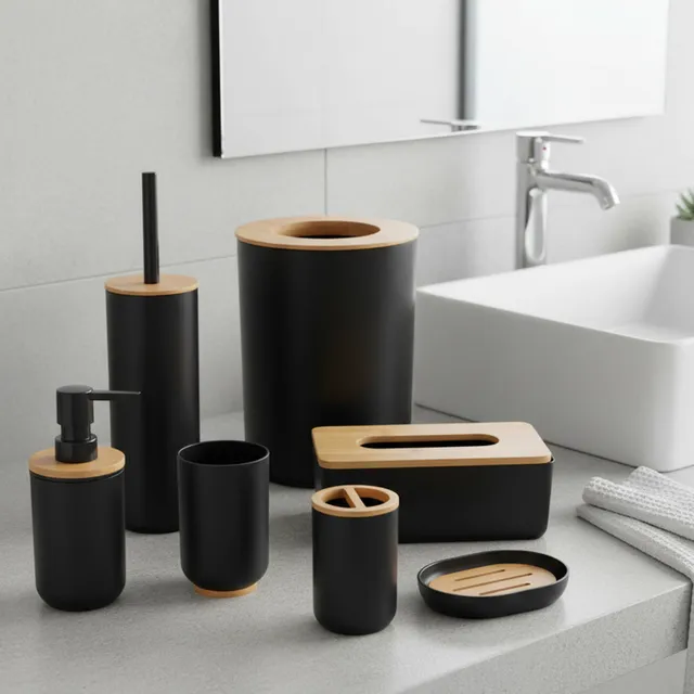 evideco-padang-set-accessoires-salle-de-bain-7-pi-ces-noir-bambou image 1