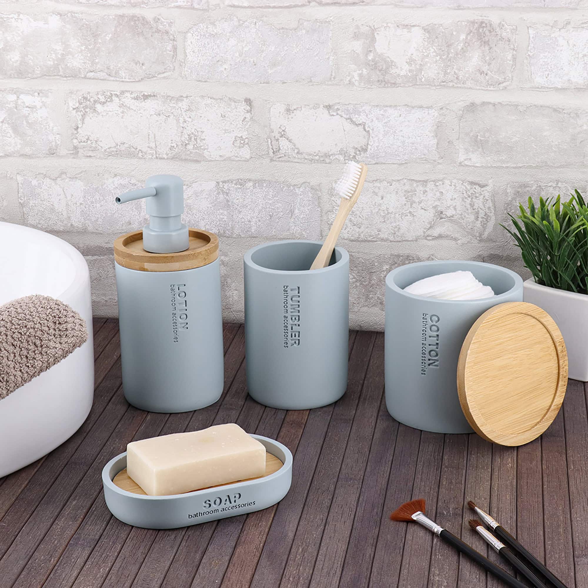 evideco-bathroom-accessories-bo-te-coton-bleu-clair-couvercle-bambou image 3