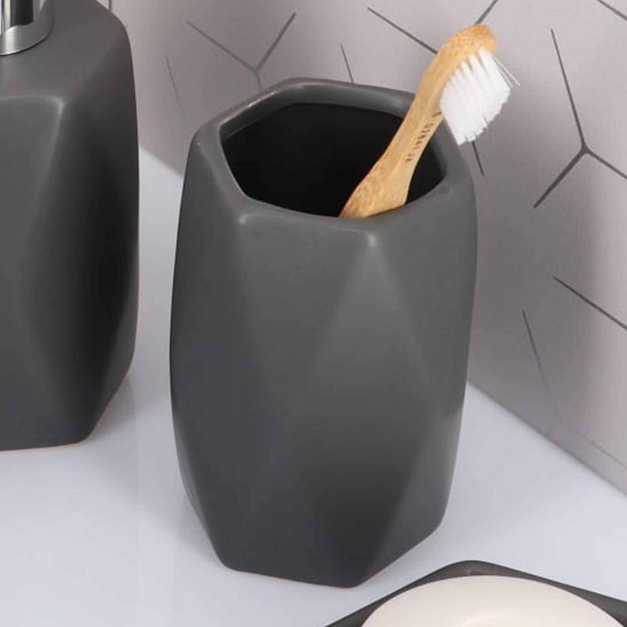 evideco-diamond-gobelet-salle-de-bain-gris-brosse-dents image 3