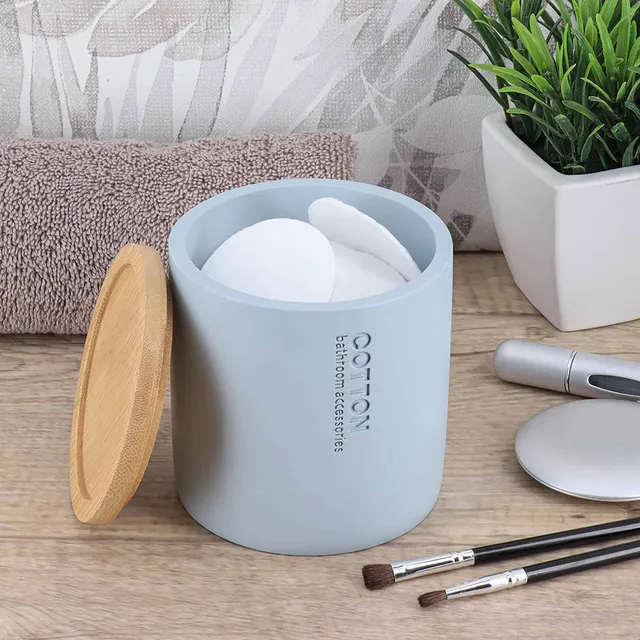 evideco-bathroom-accessories-bo-te-coton-bleu-clair-couvercle-bambou image 1