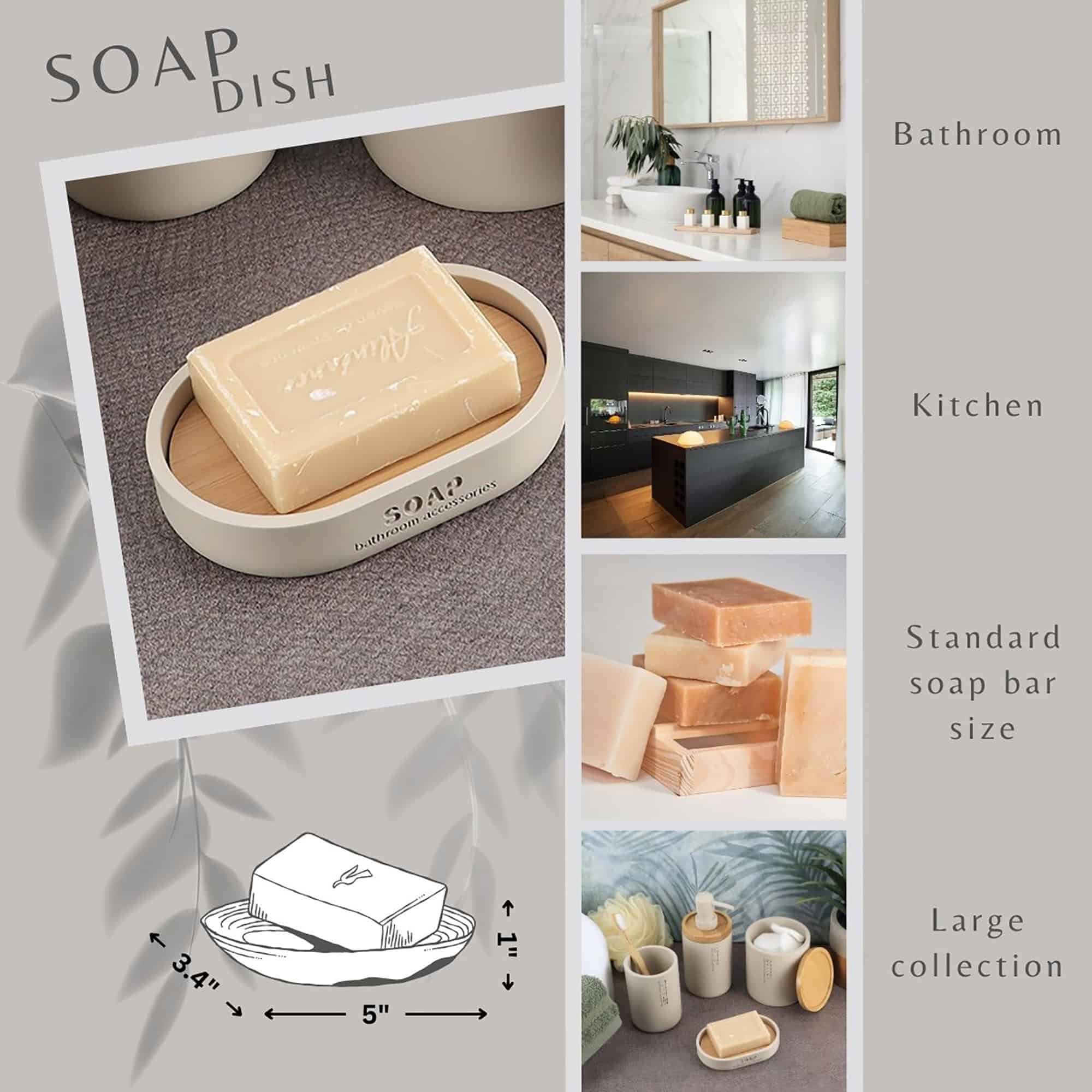 evideco-porte-savon-beige-mat-socle-bambou-polyresin image 5