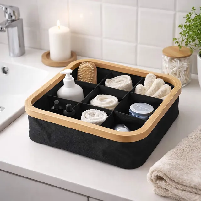 evideco-panier-rangement-pliable-noir-bambou-9-cases-30cm image 1