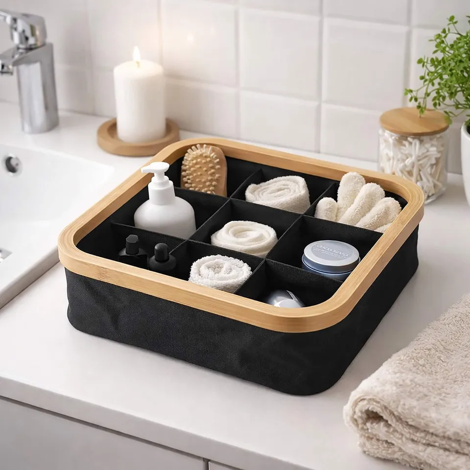 evideco-panier-rangement-pliable-noir-bambou-9-cases-30cm image 1