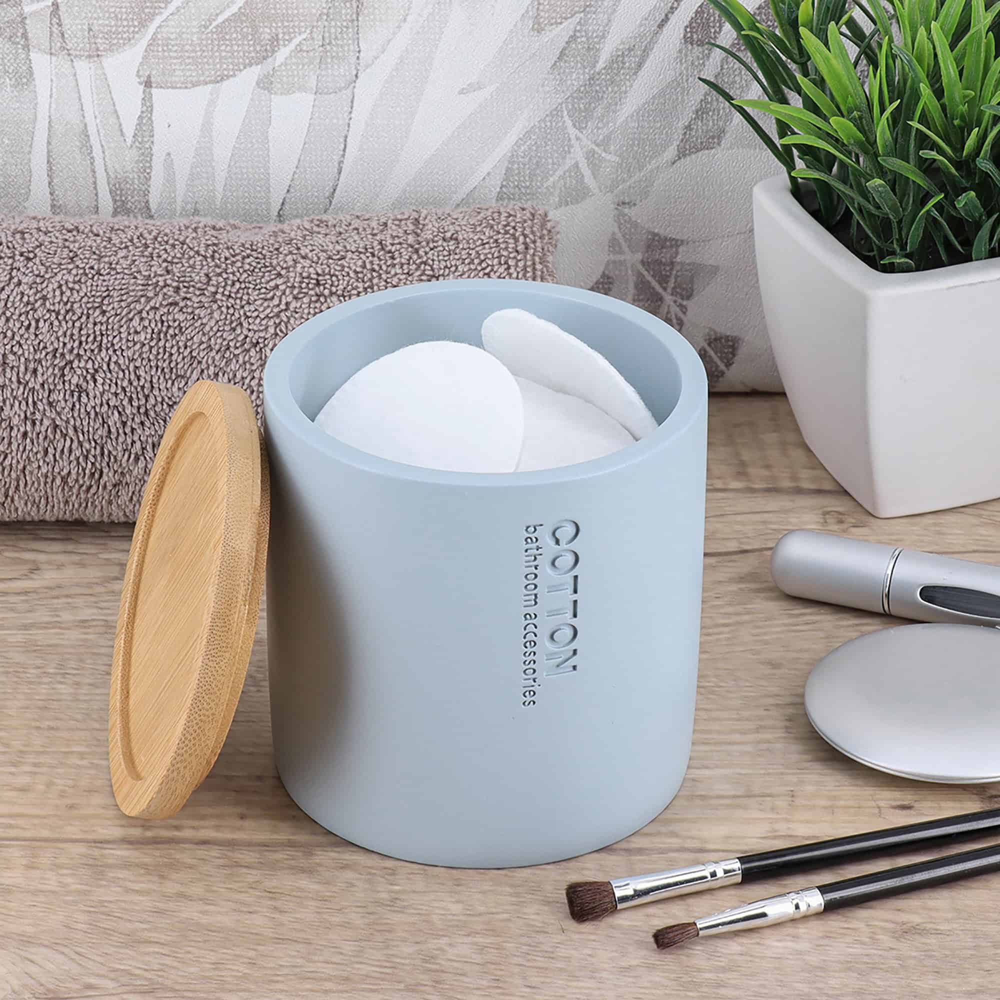 evideco-bathroom-accessories-bo-te-coton-bleu-clair-couvercle-bambou image 1