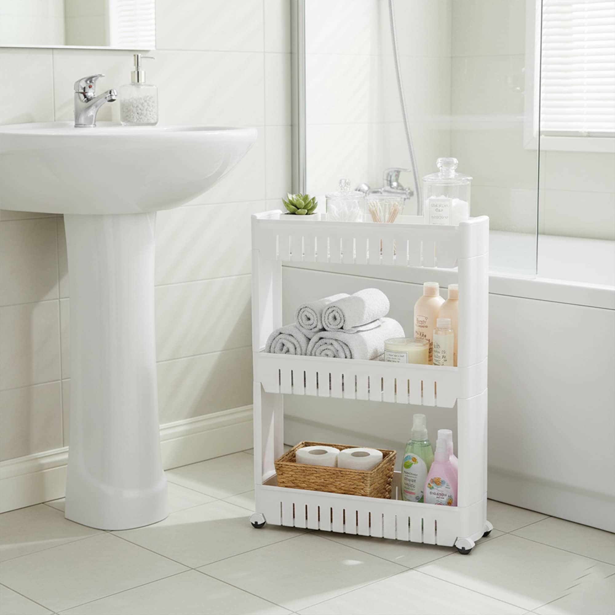 evideco-bathroom-storage-desserte-3-niveaux-blanche-roulettes image 2
