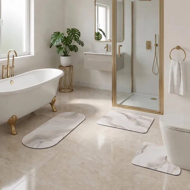 evideco-marbre-vein-tapis-de-bain-lot-3-pi-ces-beige-dor-lavable image 1