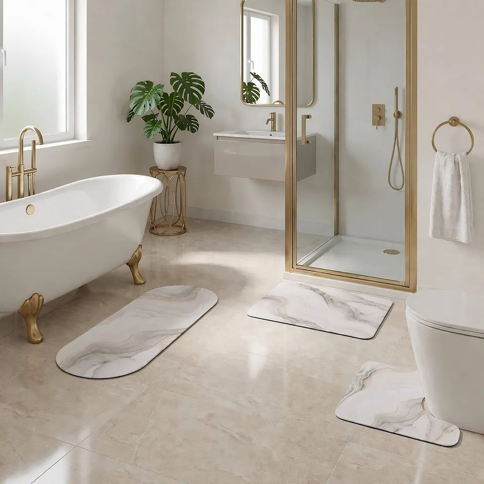 evideco-marbre-vein-tapis-de-bain-lot-3-pi-ces-beige-dor-lavable image 1