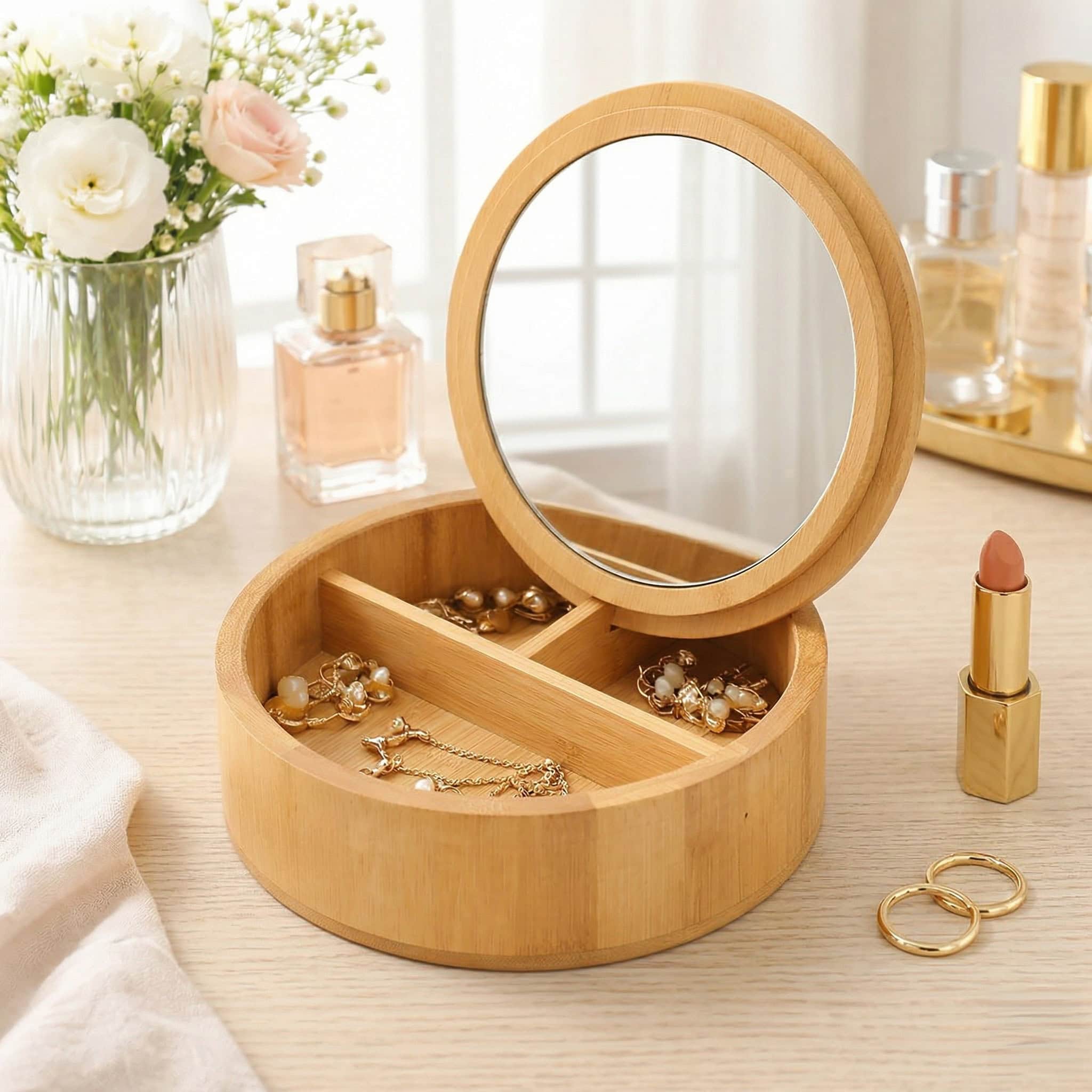 evideco-bathroom-bo-te-bambou-ronde-miroir-3-compartiments image 1