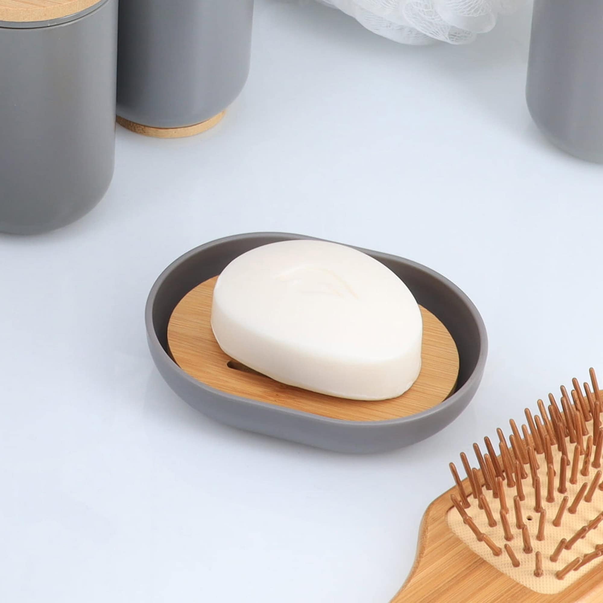 evideco-porte-savon-gris-plateau-bambou-gouttoir-plastique image 3