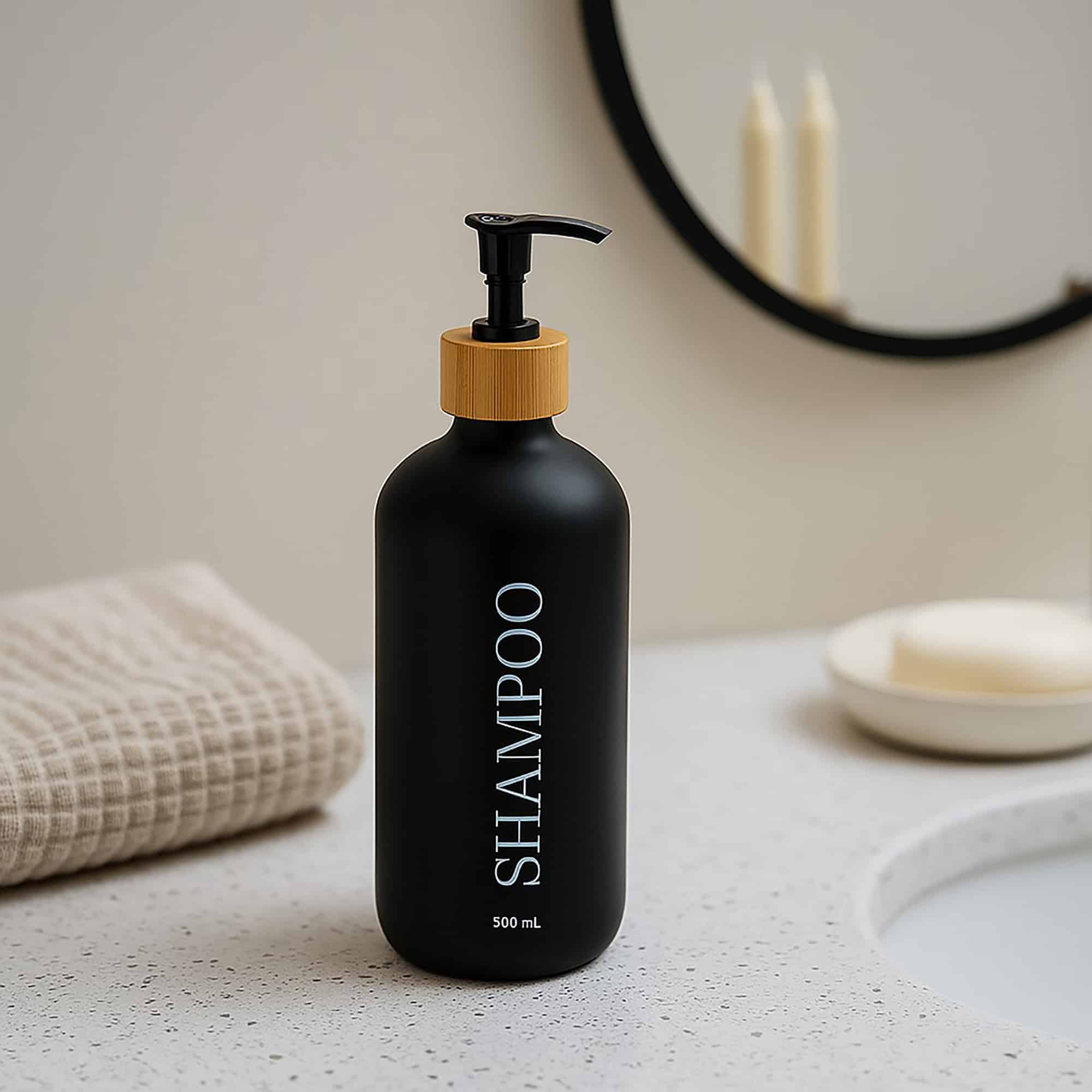 evideco-distributeur-shampooing-noir-mat-500-ml-verre-bambou image 1