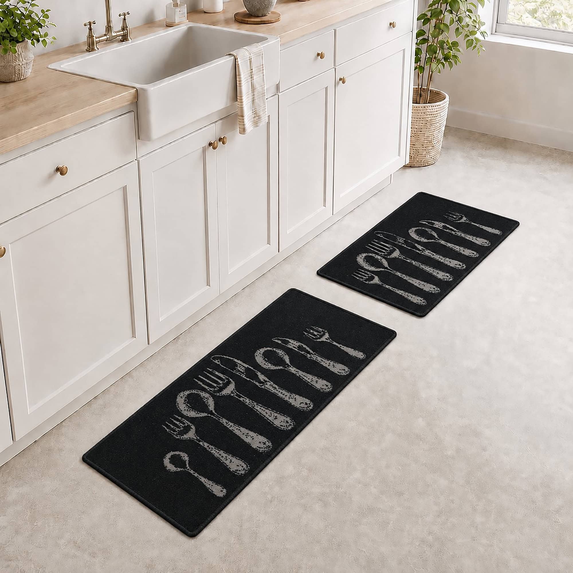 evideco-tapis-cuisine-noir-couverts-effet-laine-lot-de-2 image 1