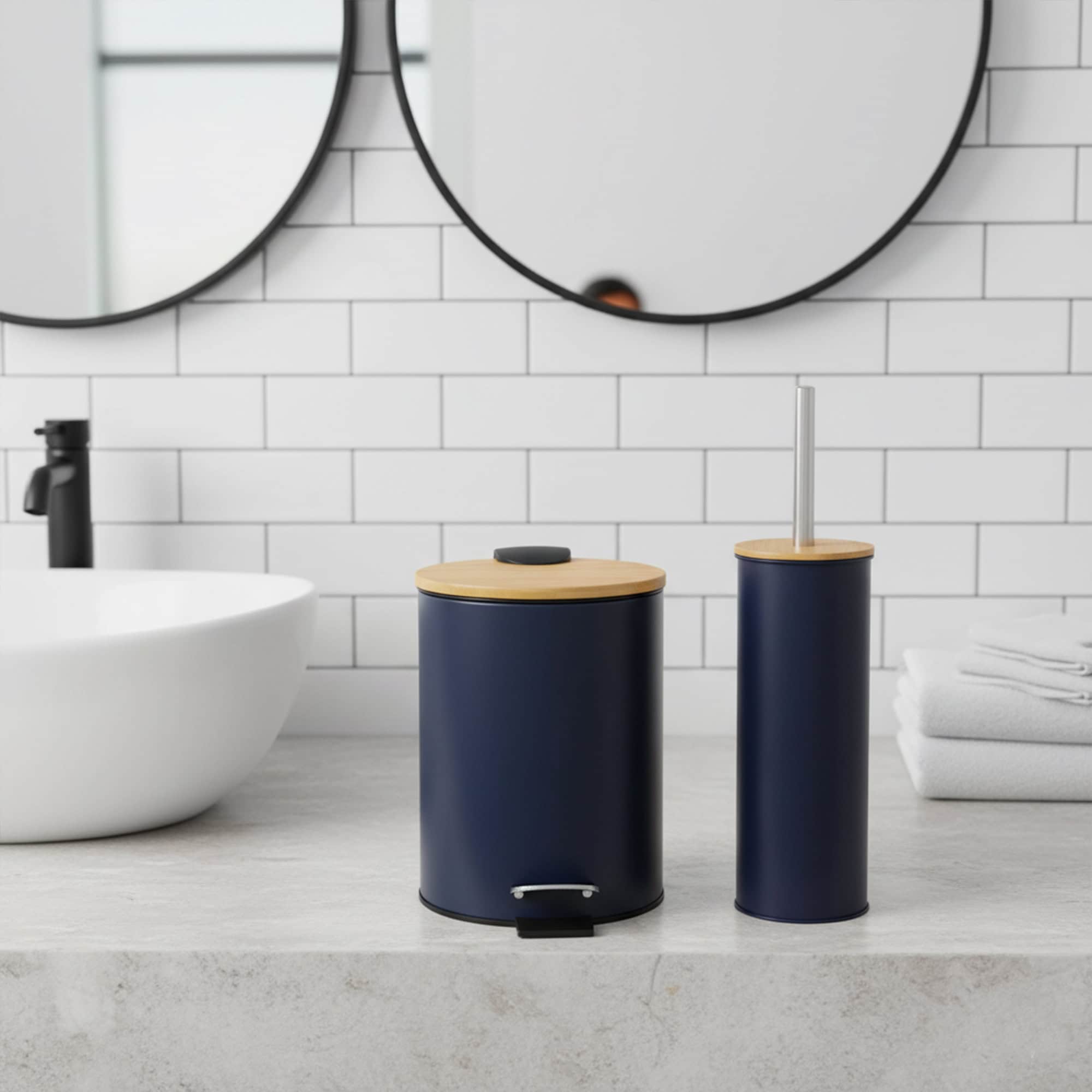 evideco-ensemble-salle-de-bain-bleu-marine-bambou-poubelle-brosse image 1