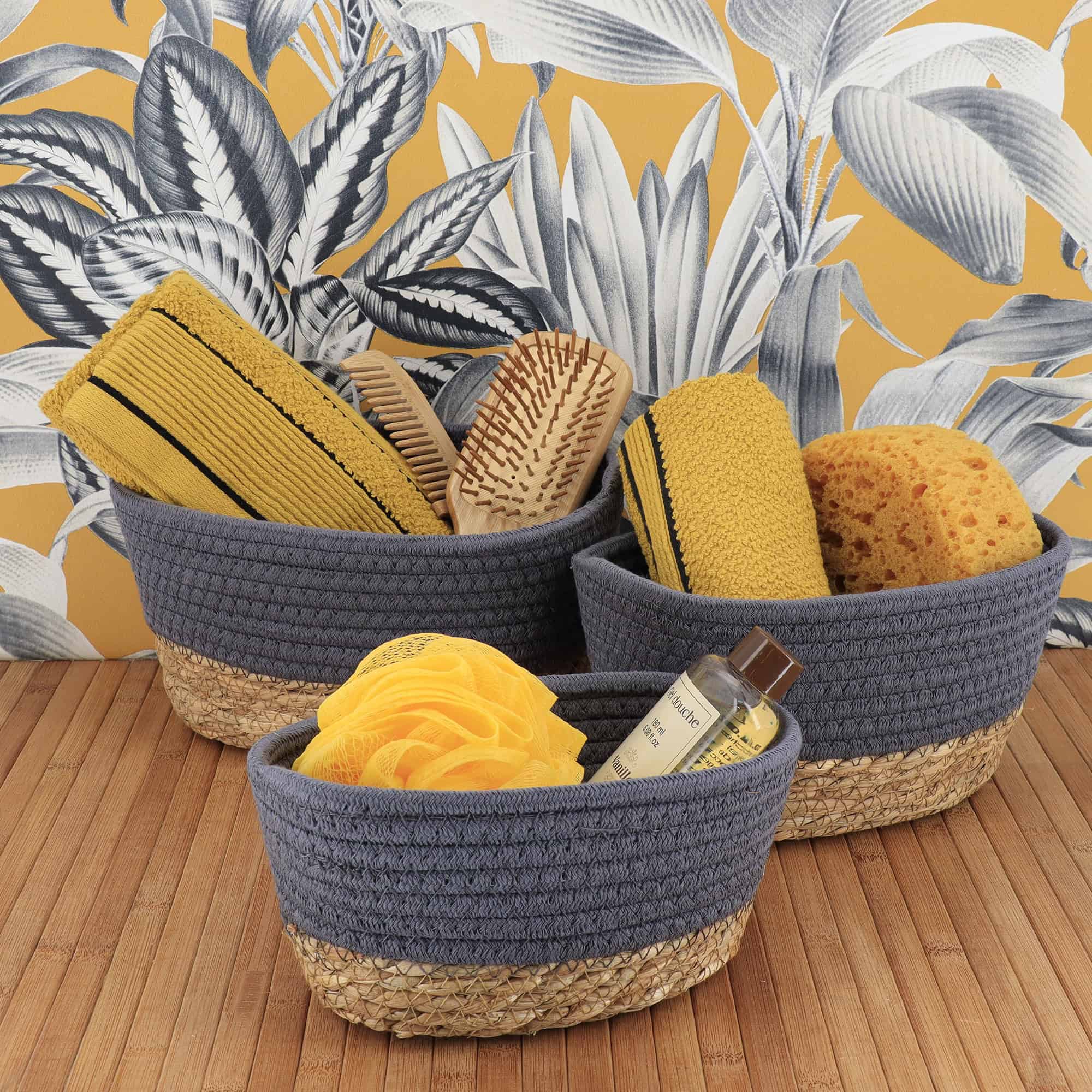 evideco-bathroom-storage-panier-rangement-gris-coton-lot-de-3 image 3