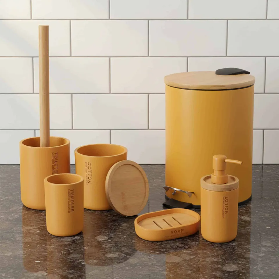 evideco-set-salle-de-bain-6-pi-ces-jaune-moutarde-bambou image 1